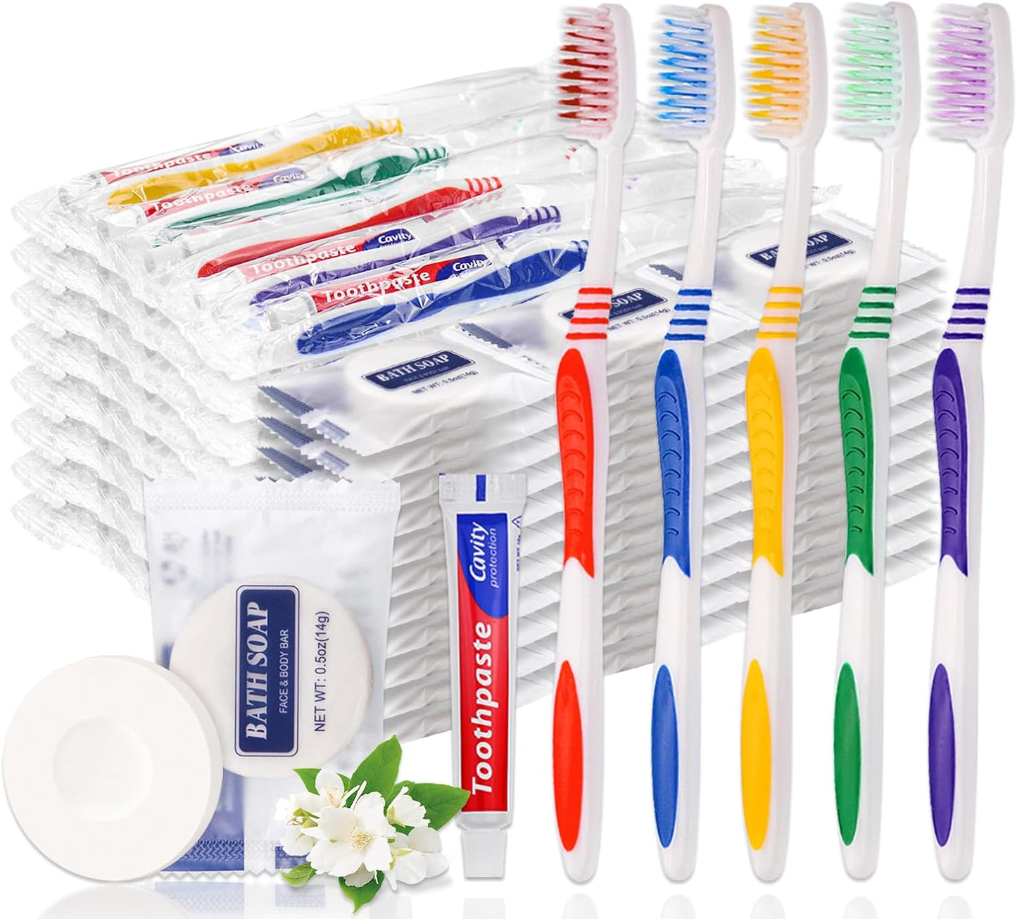 Disposable Toothbrush Set - 50 Individually Wrapped Toothbrushes with Toothpaste & Soap | 5 Colors, 0.5 oz Bars