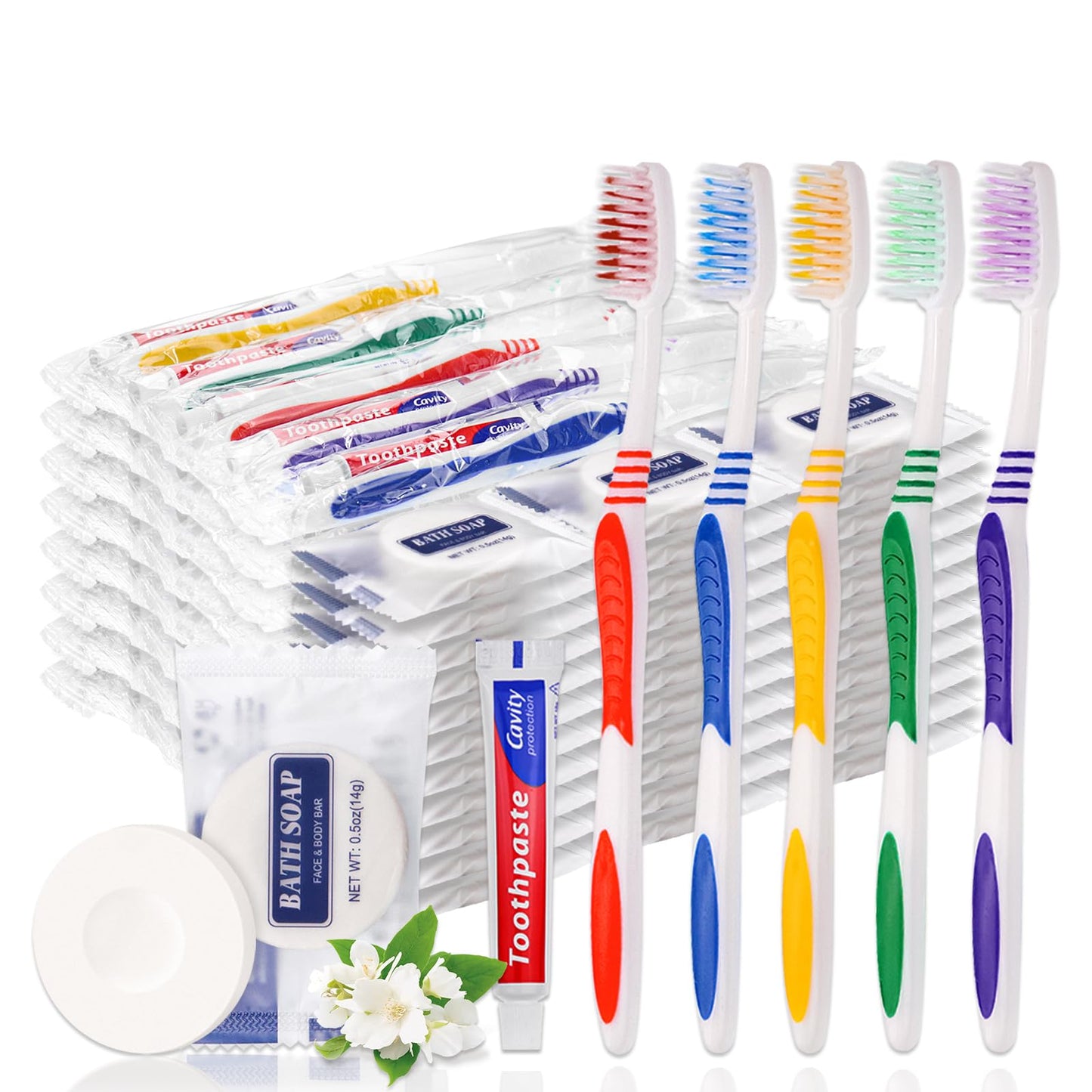 SLequipo 100 Set Disposable Toothbrushes with Toothpaste and Soap Individually Wrapped, 100 pcs Toothbrushes 5 Colors with 100 pcs Bar Soap(0.5 oz)
