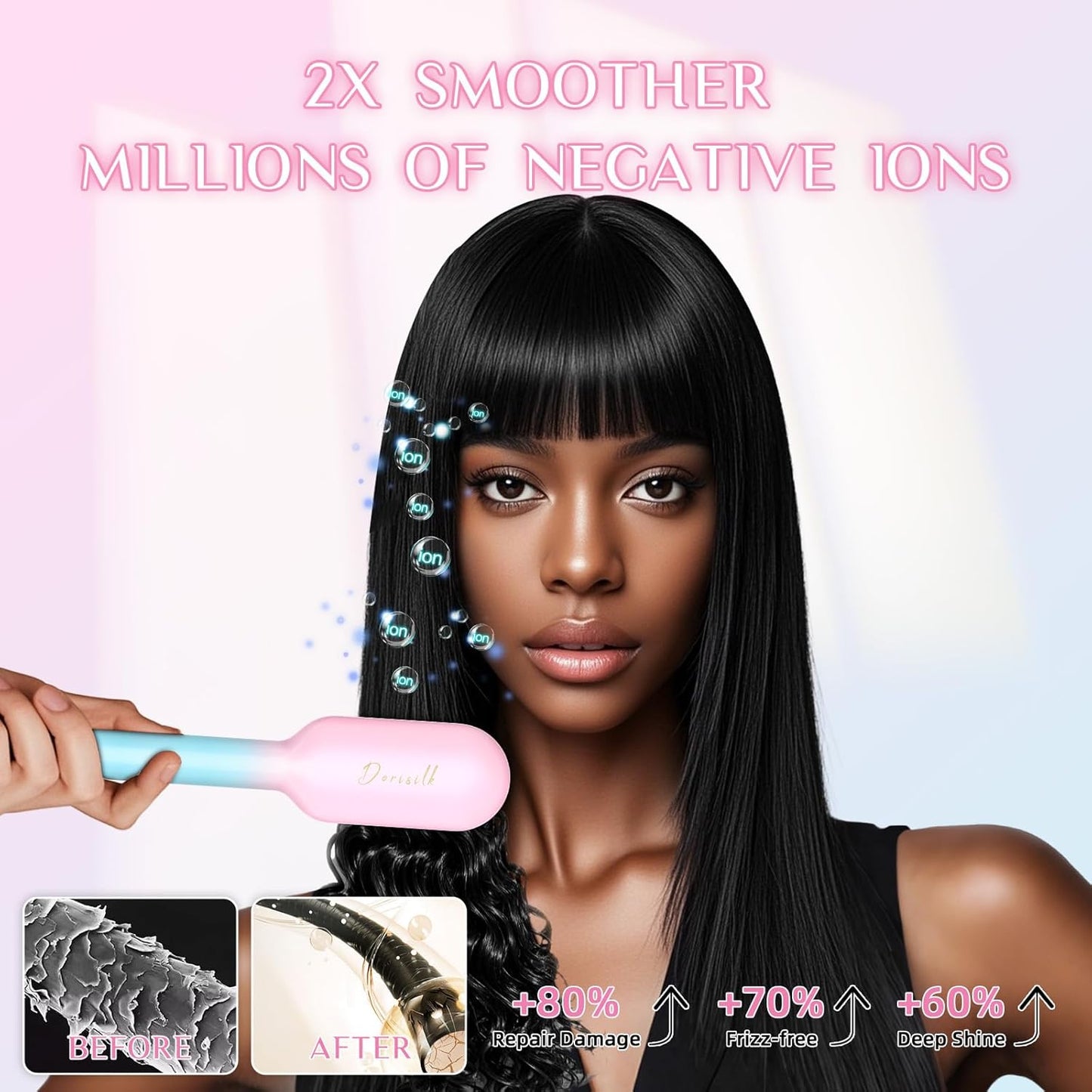 DORISILK Ionic Hair Straightener Brush - 470℉ Heated Comb for Smooth, Frizz-Free Hair | Dual Voltage, Professional Results