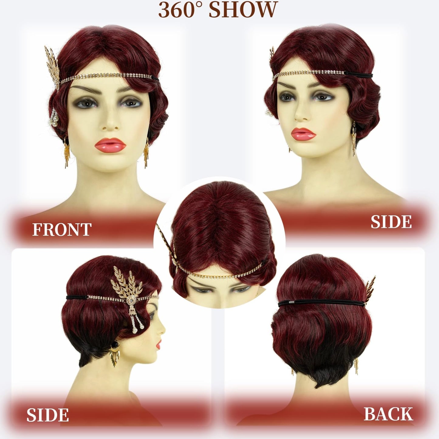 STfantasy 20S Finger Wave Wig Flapper Curly Synthetic Hair for Women 1920s Cosplay Costume Halloween Party Daily Everyday Wear (Black+Red)