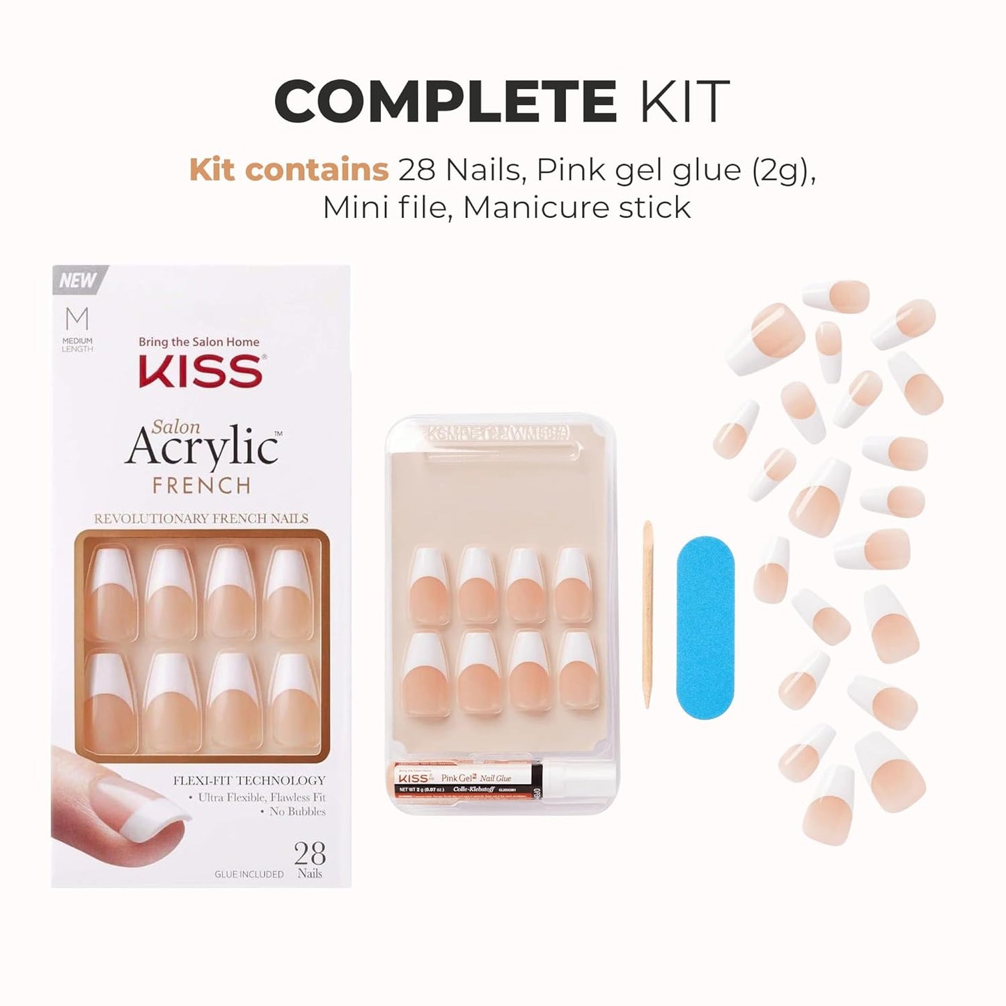KISS Salon Acrylic French Nail Manicure Set, Medium Length, Square, “Je T'aime”, Nail Kit Includes Pink Gel Nail Glue (Net Wt. 2 g / 0.07oz.), Mini File, Manicure Stick, and 28 Fake Nails