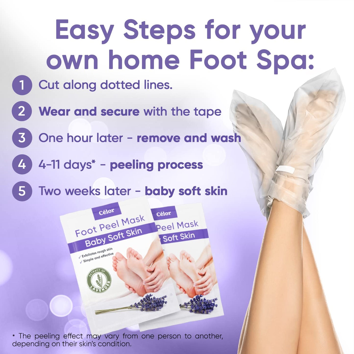CÉLOR Foot Peeling Mask for Dry Cracked Feet | Foot Mask to Exfoliate Rough, Cracked, Dry Feet, Calluses for Soft Baby Feet Results | Made with Aloe Vera Extract for Women & Men (5 Pairs) | Lavender