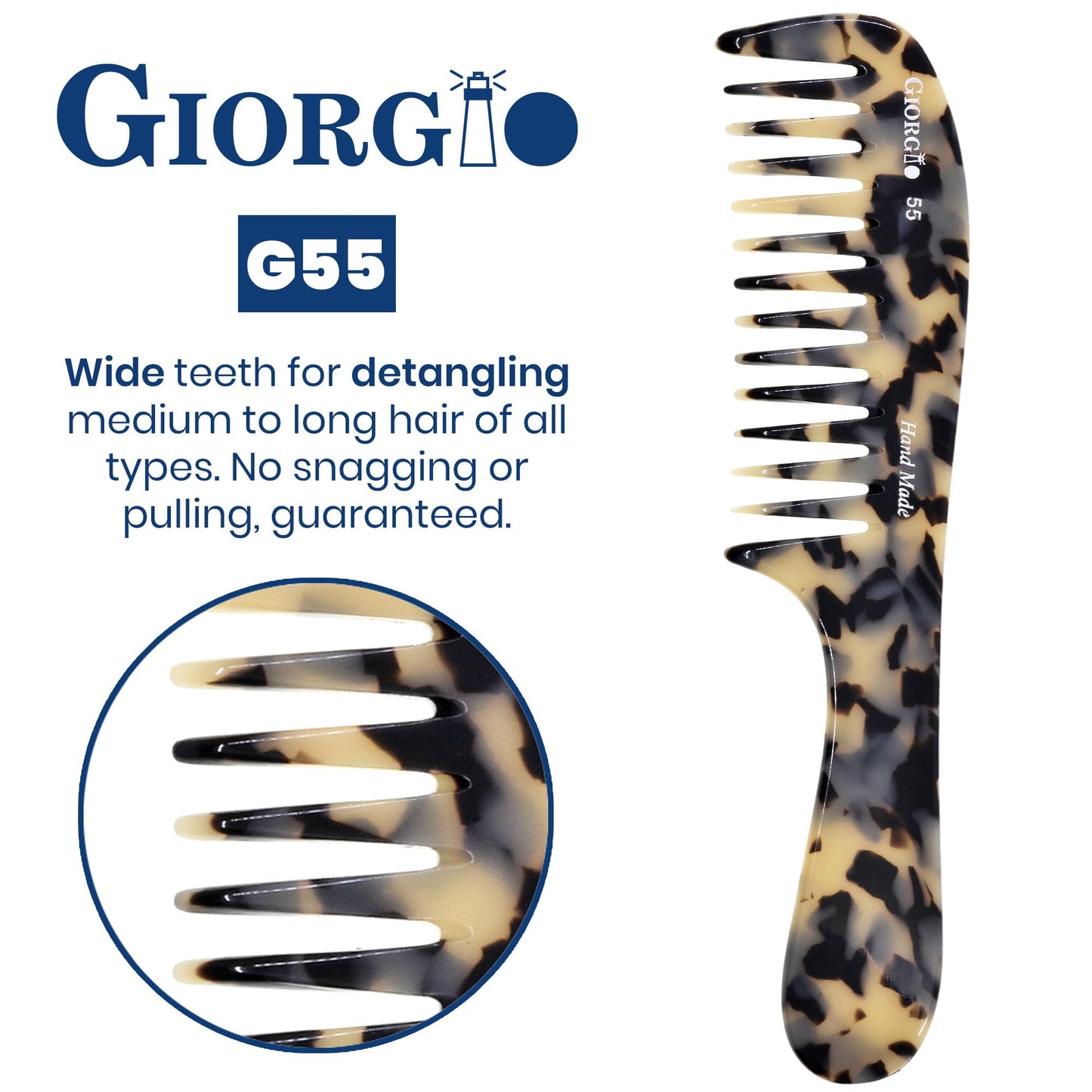Giorgio G55 TW Wide Tooth Comb for Wet Hair Detangling Comb, Hair Comb for Thin to Medium Thickness Hair Detangler, Hair Combs for Women, Handmade Large Tooth Comb Rake Comb Saw-Cut and Hand Polished