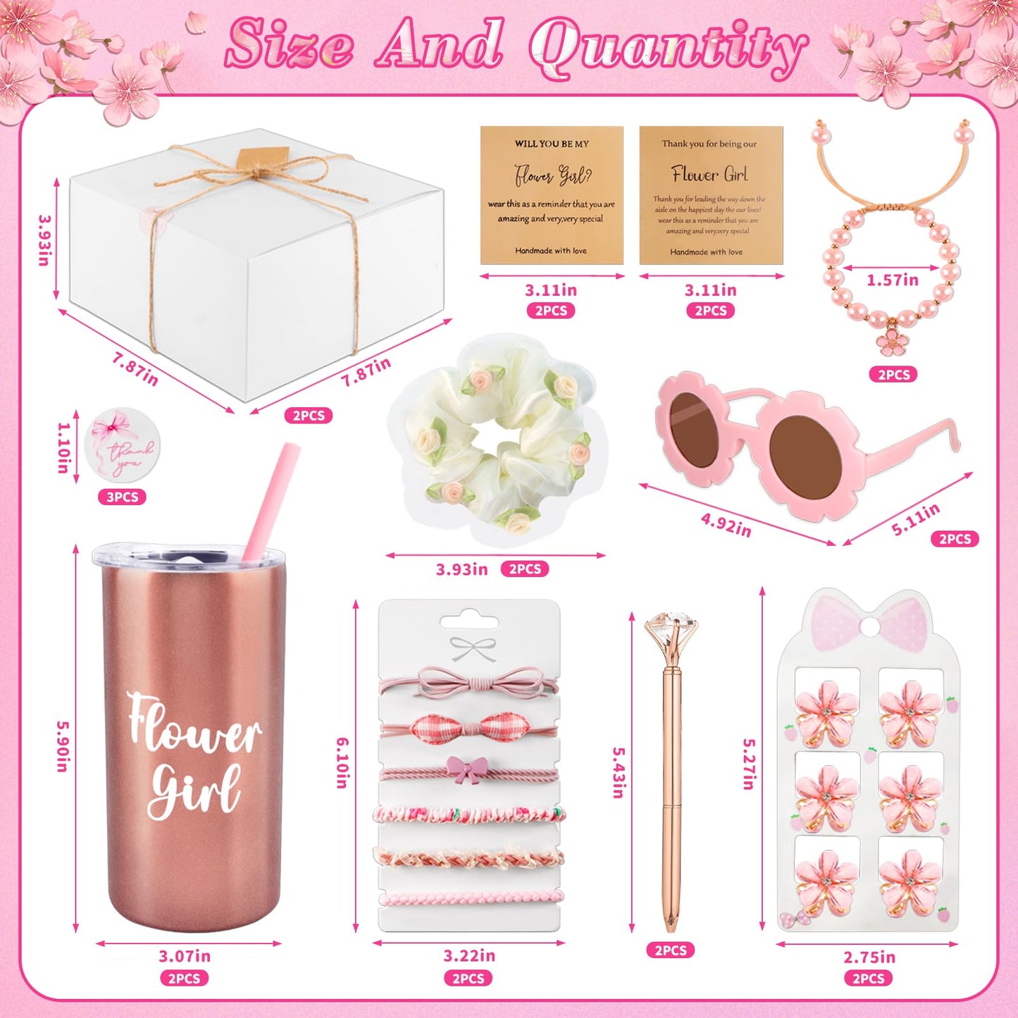 Mhoel 40pcs Flower Girl Proposal Gifts Set of 2, Rose Gold 12oz Tumbler Sunglasses Pearl Bracelet Diamond Pen Hair Ties Will You Be My Flower Girl Card Box