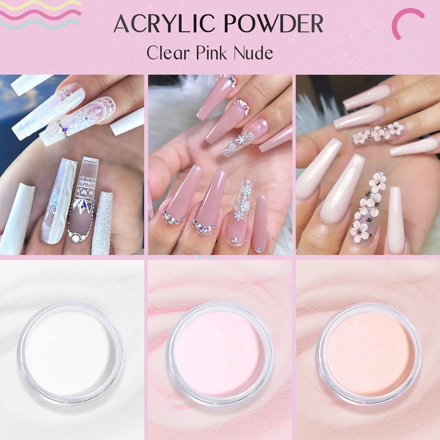Acrylic Nail Starter Kit - Clear Pink Nude Powder & Liquid, Brush, Files | Home Practice Set