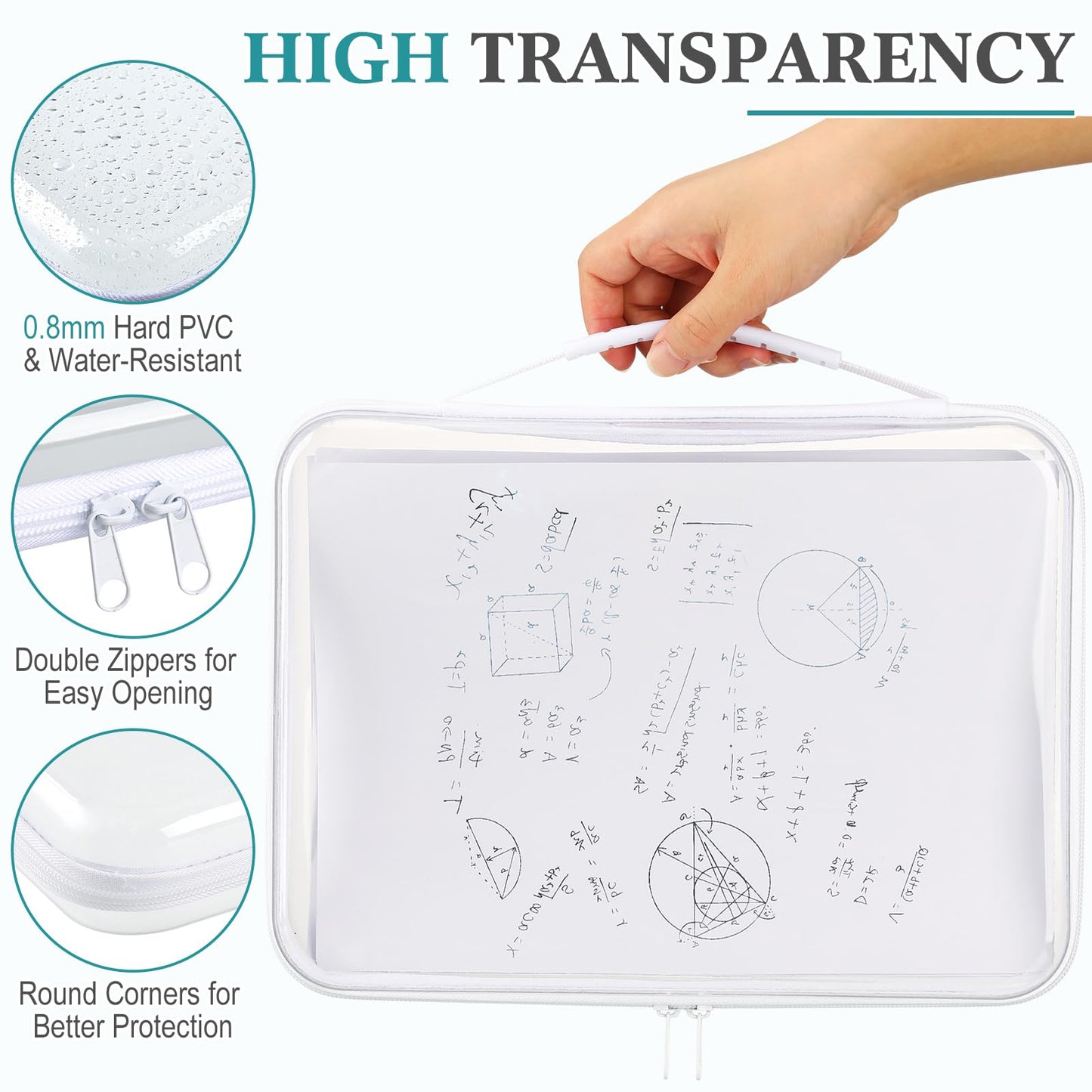 Sanwuta 4 Pcs Clear Hard Zipper Case with Handle Office Storage Cases Hard Plastic Pouches Transparent Bins for Crafts, Snacks, Cosmetics, Puzzles(12.6 x 9 x 2 Inches,White)