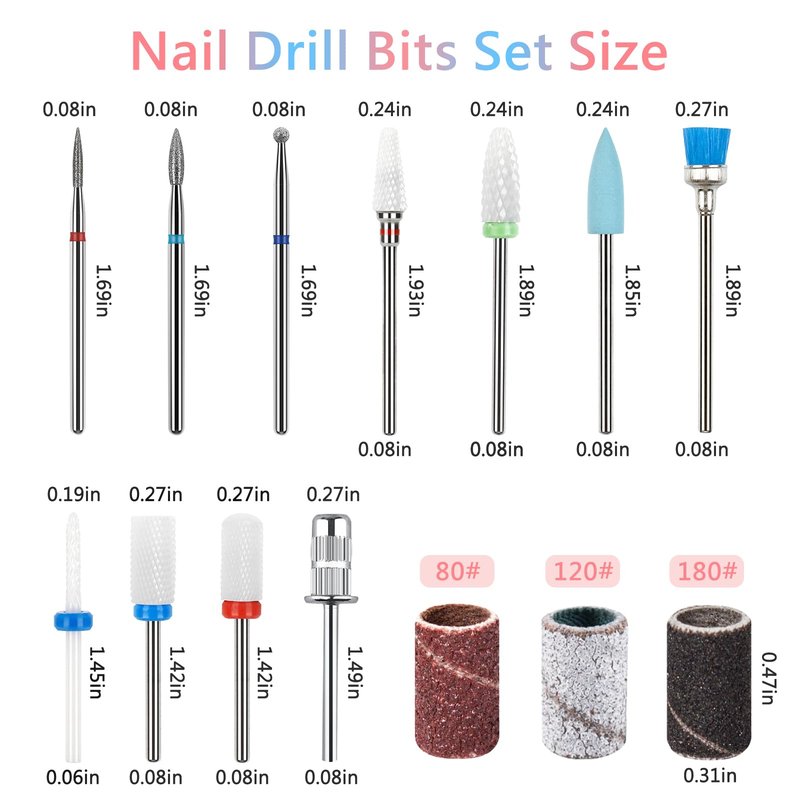 BQAN Nail Drill Bits Set, 10Pcs 3/32 In Drill Bit for Nail Tech Ceramic Diamond Bits with 75Pcs Nail File Sanding Bands for Remove Cuticle Acrylic Polish Nails Manicure