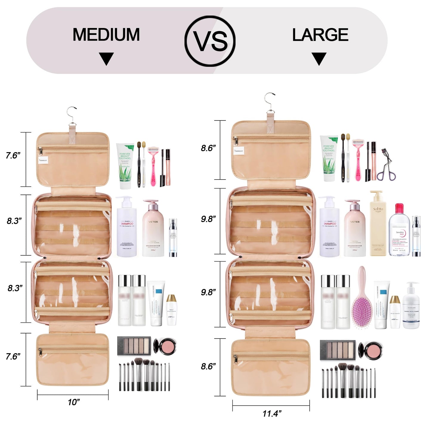 COOSKY Travel Hanging Toiletry Bag for Women, Cruise Ship Essentials, with Jewelry Organizer, Extra Large Makeup Dopp Kit, Waterproof Cosmetic Bags, Toiletries Kit Set with Trolley Belt, Khaki