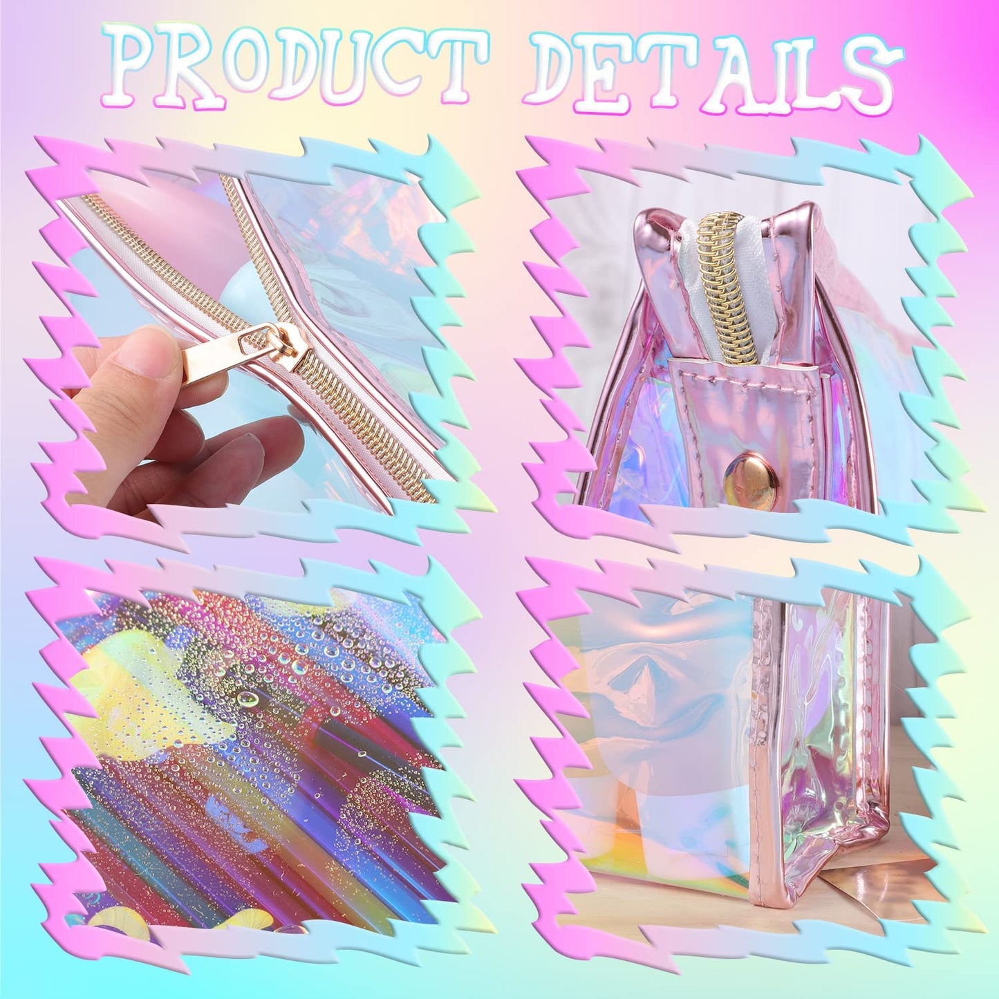 BESARME 10 Pcs Holographic Makeup Bags, Clear PVC Travel Toiletry Bag Iridescent Pouch Portable Zippered Waterproof Cosmetic Bag SPA Bathroom Vacation Party Favors Bachelorette Gifts Wedding Favors