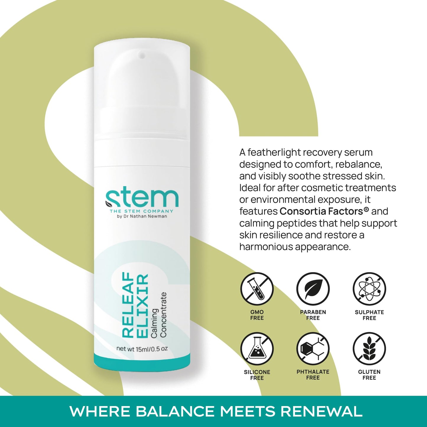 Redness Relief Calming Serum, ReLeaf Moisturizer Elixir with Ashwagandha, MSM & Piper Nigrum Extract, Soothes & Relaxes Skin, Redness Reducing Skin Care Cream