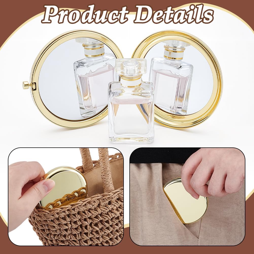 10 Pcs Small Folding Makeup Pocket Mirror - Golden Double-Sided 1X/2X Magnifying Round Mirrors for Travel & Work