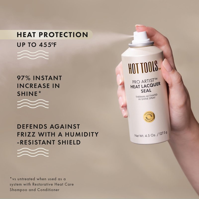 HOT TOOLS Heat Protectant Hi-Shine Spray | Instantly Makes Hair Shinier, Minimizes Frizz & Gives Hair a Lacquered Finish | Protects Hair from Heat Damage without Use of Silicones