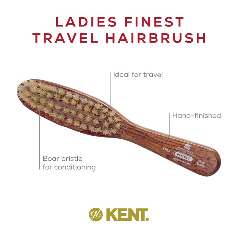 Kent LR23 Finest Ladies Narrow Style, Danta Wood, Pure White Bristle Hair Brush - Short to Medium Length Hair, Handbag Sized, Made in England