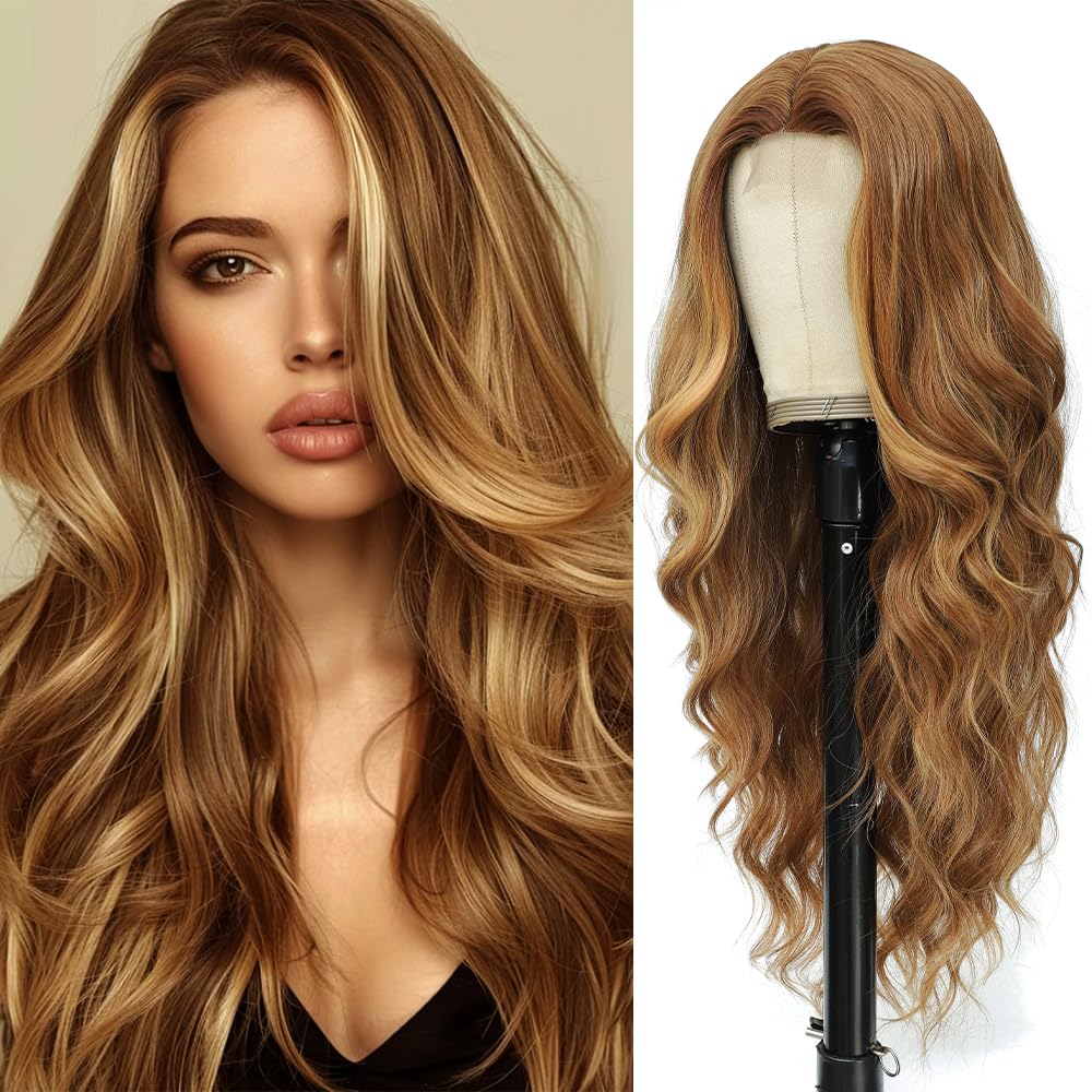 HMHIFI Long Brown Mixed Blonde Wigs for Women Highlights Blonde Wig Natural Middle Part Synthetic Curly Hair Heat Resistant Fiber Hair Replacement Wigs for Daily Party