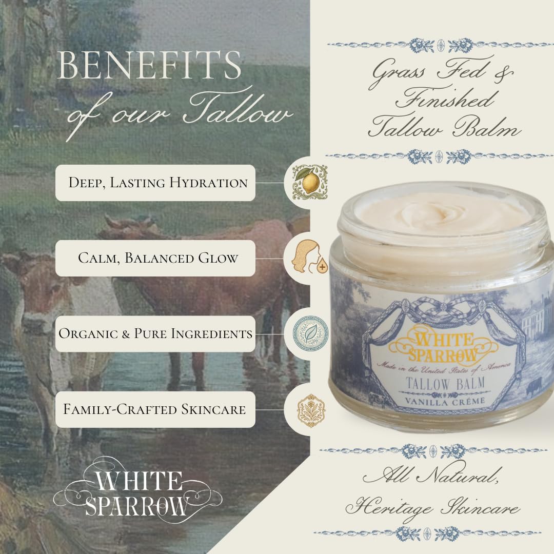 White Sparrow Farmacy Organic Grass Fed Tallow Balm - (Vanilla Crème) Organic Tallow from Grass Fed Cows & All Organic ingredients. For Face and Body. (2.0 oz)…
