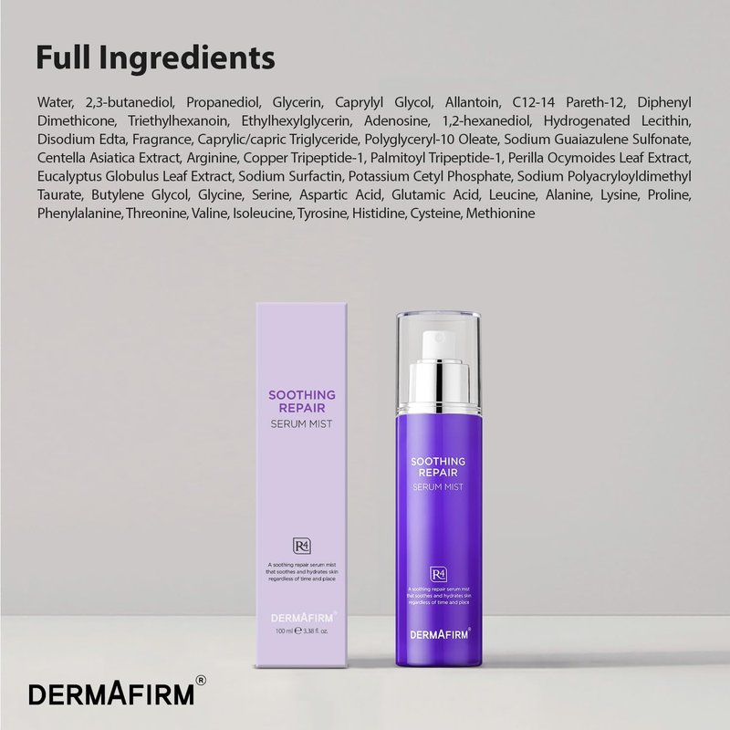 Dermafirm Soothing Repair Facial Serum Hydrating Mist R4 | Face Mist Hydrating Spray for Dark Spots w/Eucalyptus, Peptide & Collagen | Gentle for All Skin Types No Animal Trials No Paraben 3.38 fl oz