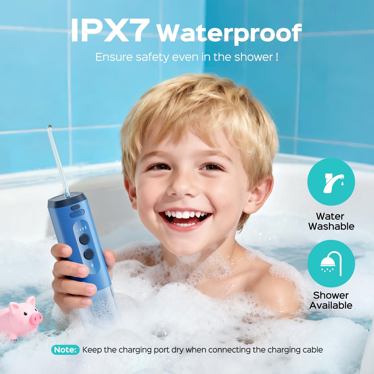 COSLUS T40 Portable Water Flosser for Kids: 4 Gentle Modes for Ages 6+, Braces & Sensitive Teeth - with Fun DIY Stickers, 4 Storable Nozzles, Mini Compact for Home School & Travel, BPA-Free, Blue