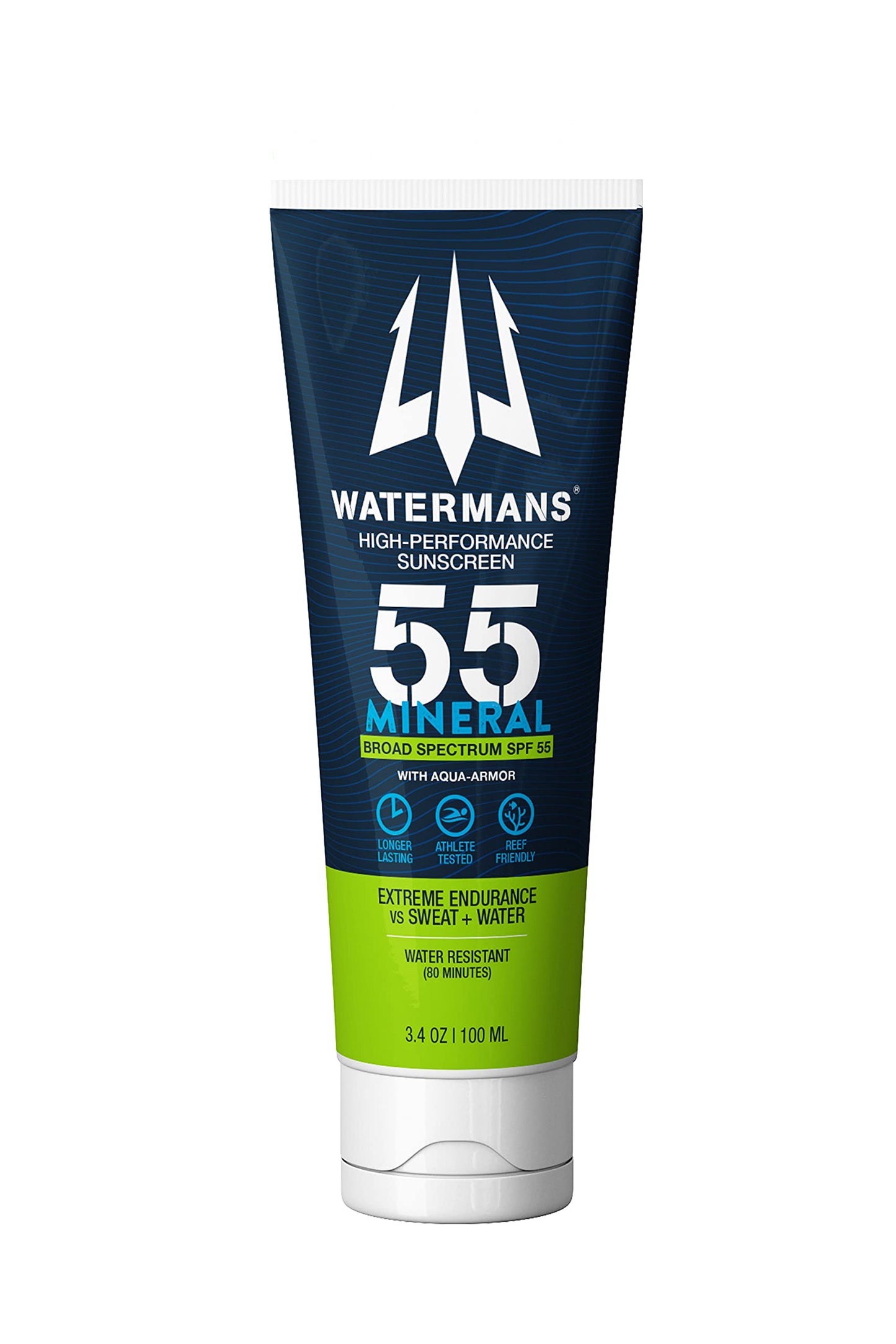 Watermans Mineral SPF 55 Sunscreen Lotion with Zinc, Aqua-Armor, Broad Spectrum for Face and Body, Reef Safe, Water Resistant