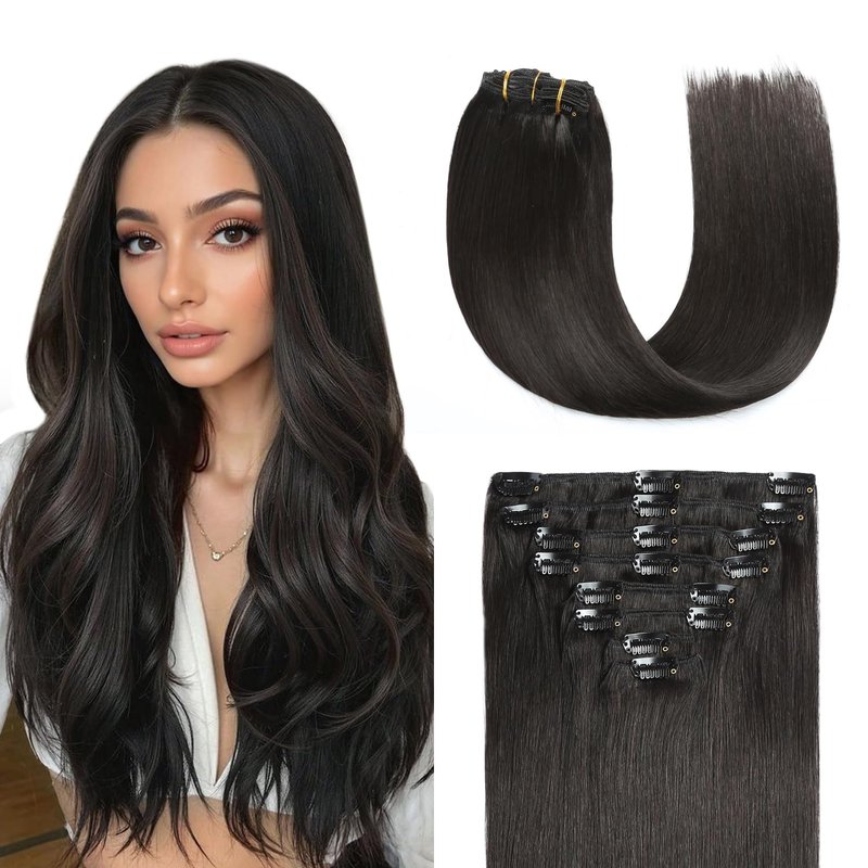 Sunya Real Human Hair Clip-in Extensions - Natural Black, Double Weft, Straight, 12 Inch #1B, 8pcs/100g