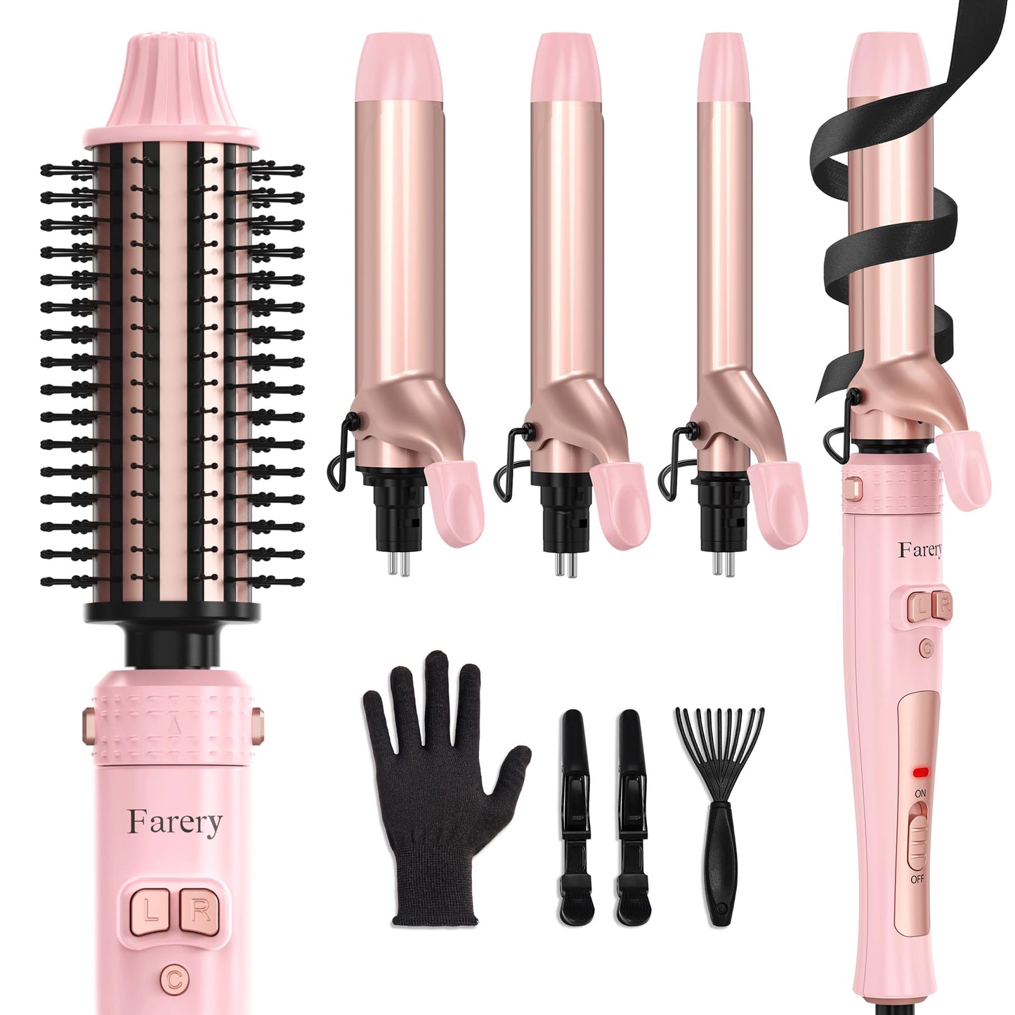 Farery 4-in-1 Interchangeable Automatic Rotating Curling Iron & Thermal Brush Set, 0.75''/1''/1.25'' Curling Iron & 1.5'' Heating Round Curling Brush, ONE Heat 410°F, Pink