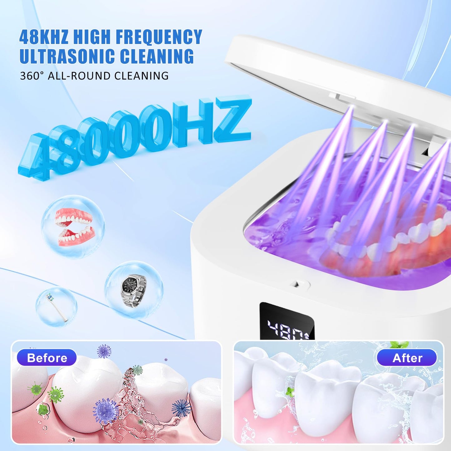 KITCHLYNE 48kHz Ultrasonic Cleaner with Digital Timer - 3 Settings for Dentures, Retainers, Aligners, Mouth Guards, Jewelry, 375ml Tank, 99% Efficiency
