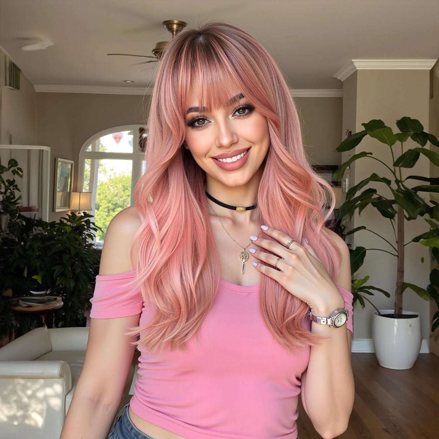 Osicapea Ombre Pink Wigs with Bangs for Women, Natural Wavy Curly Hair Woman Heat Resistant Synthetic Wig 22 Inch Long Wig for Women's Cosplay Costume Party Daily Use