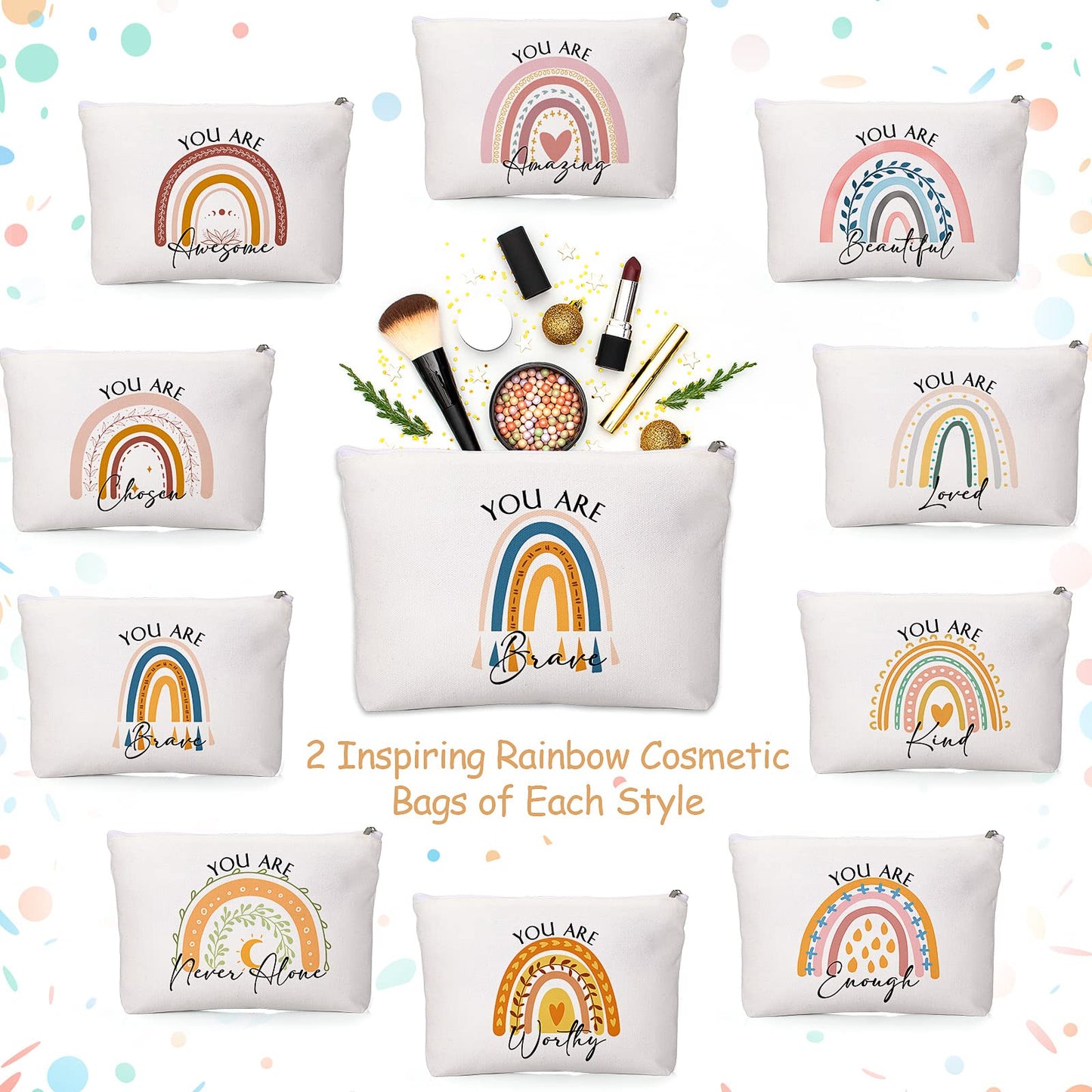 Coume 20 Pcs Inspirational Canvas Makeup Bag Cosmetic Bag Zipper Travel Toiletry Pouch Bulk Thank You Gift for Women Coworker Employee Appreciation Beginning of The Year Gifts Vet Tech(Rainbow)