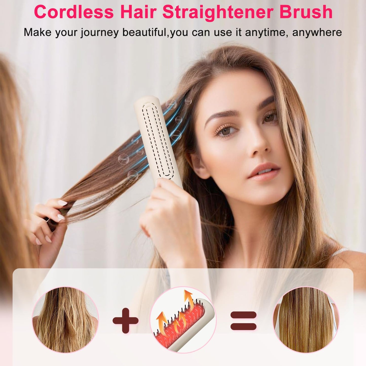 Cordless Straightener Brush for Women, Portable Hair Straightening Brush with Negative Ion, 30s Fast Heating, LED Display, USB Rechargeable Cold Air Hair Styling Comb for Travel