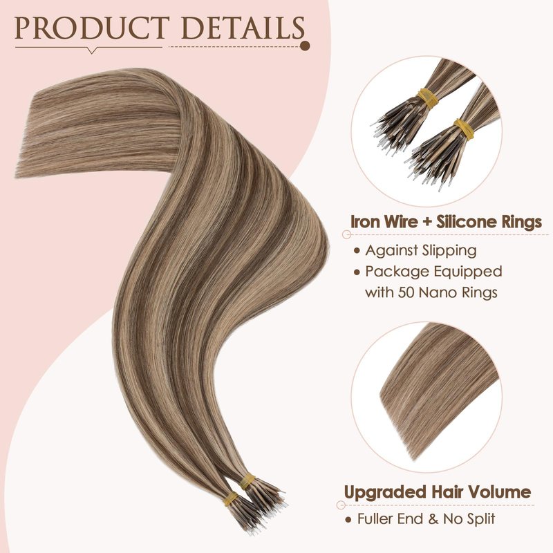 TESS Nano Bead Human Hair Extensions, Nano Ring Hairpieces Nano Tip Hair Extensions Pre-Bonded Seamless Look 50pcs/pack, 18 inch, #4RP27R Chocolate Brown Mixed Light Brown