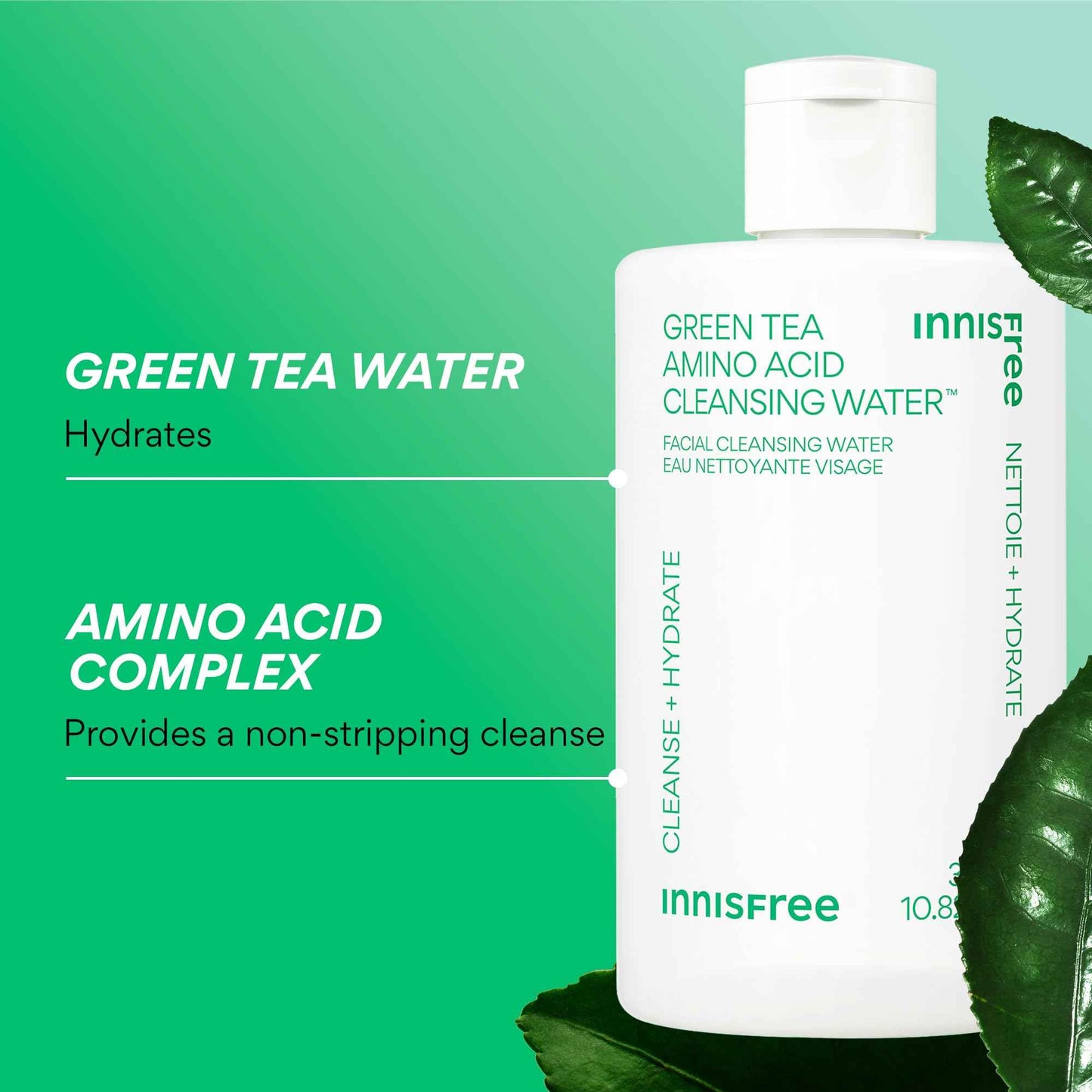 innisfree Green Tea Amino Acid Cleansing Water, Hydrating Micellar Makeup Remover, Korean Skincare, Dermatologist Tested