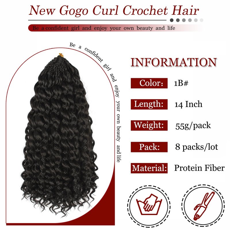 Gogo Curl Crochet Hair Pure Protein Fiber Close to Human Hair 14 Inch 8 Packs Pre twisted Curly Crochet Hair for Women Deep Ocean Water Wave Beach Curl Twist Braiding Hair Extensions (14inch 1B)