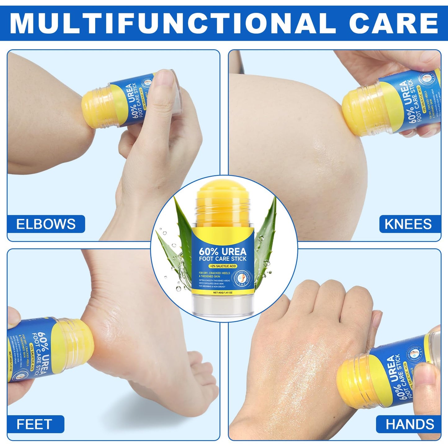 Bieyoc 60% Urea Cream with 2% Salicylic Acid, Urea Foot Cream Stick for Cracked Heels, Calluses and Rough Skin, Portable Foot Balm Stick No-Mess Applicator,1.41oz