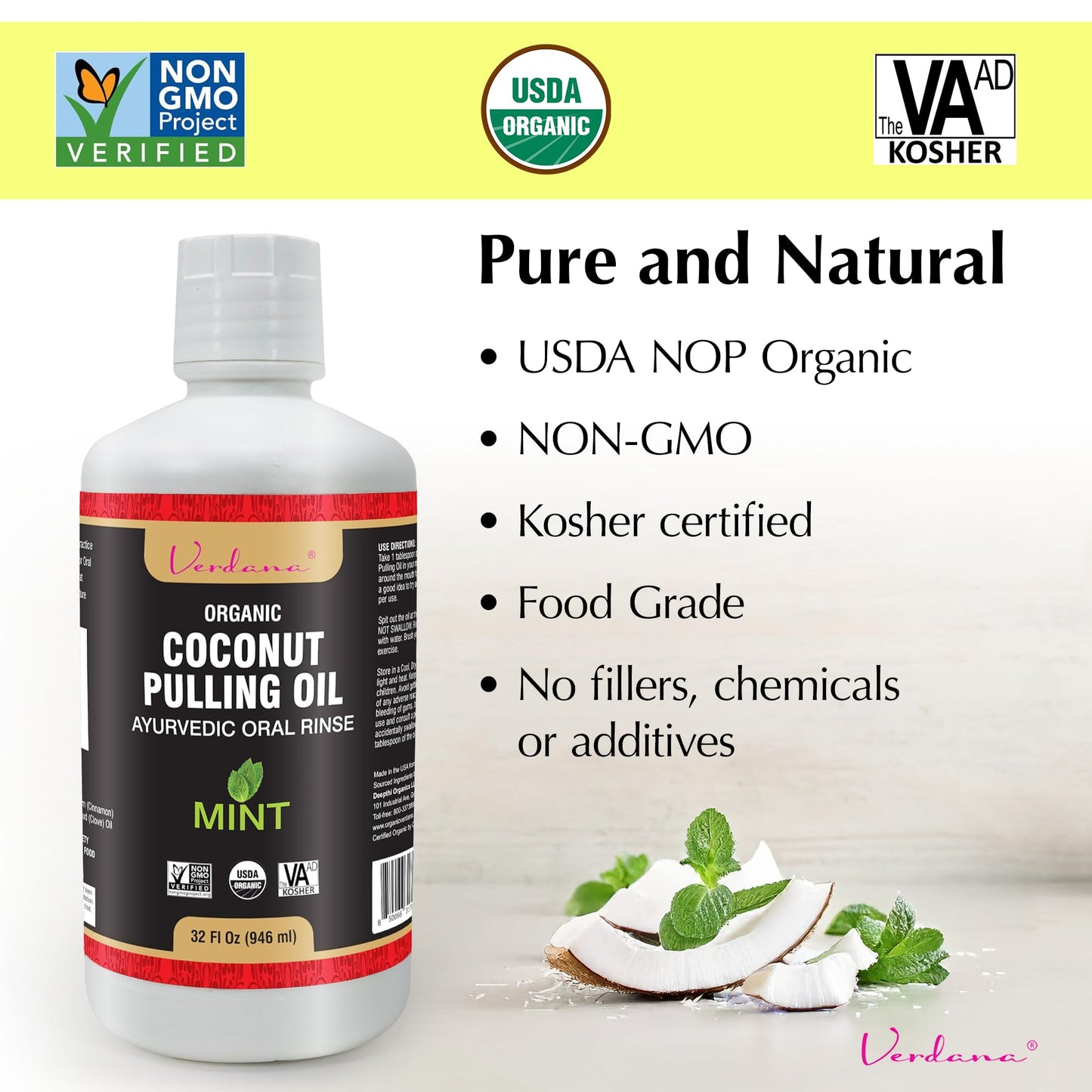Verdana Organic Oil Pulling for Teeth & Gums – 32 oz Mint – USDA Organic Coconut Pulling Oil Rinse – Alcohol-Free, Fluoride-Free – Natural Mouthwash for Fresh Breath, Gum Health & Oral Detox