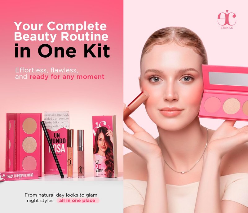 Erikas Cosmetic Makeup Kit – Lip Gloss, Lip Liner, Matte & Liquid Lipstick with Face Contour Palette, Blush & Highlighter, All-in-One Makeup Set