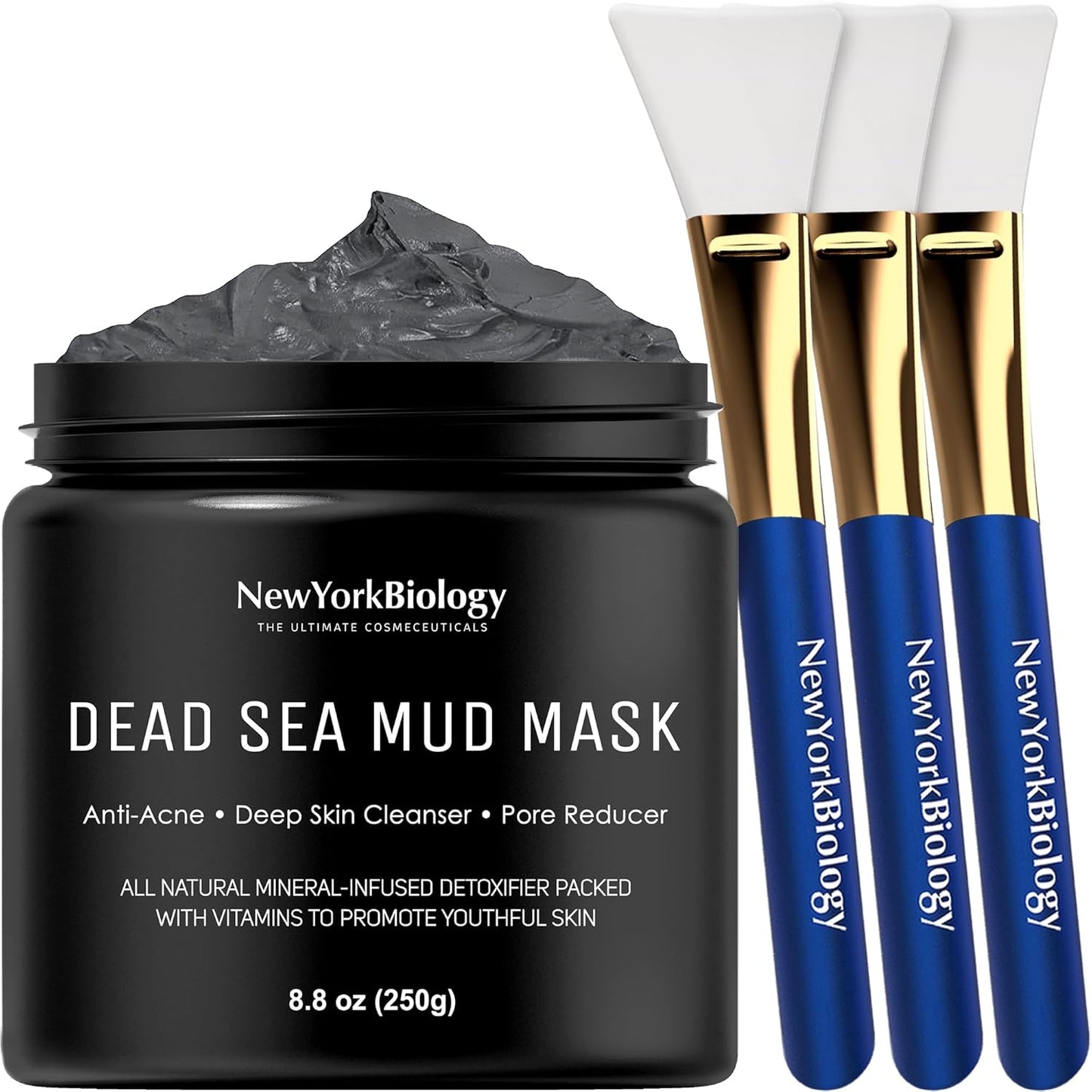 Dead Sea Mud Mask for Face & Body - Spa Quality Pore Reducer | 8.8oz with 3 Applicator Brushes for Acne & Oily Skin