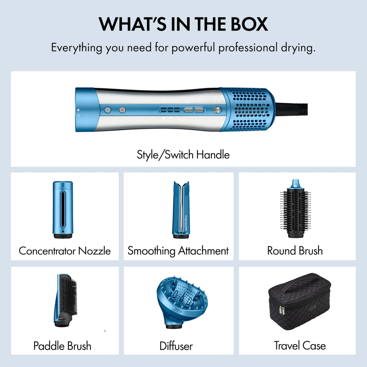 BaBylissPRO StyleSwitch Ionic Multi-Styler, Air Styler and Hair Dryer, Lightweight Hot Air Brush, 5 Attachments, 9 Heat/Speed Settings, Dual Voltage