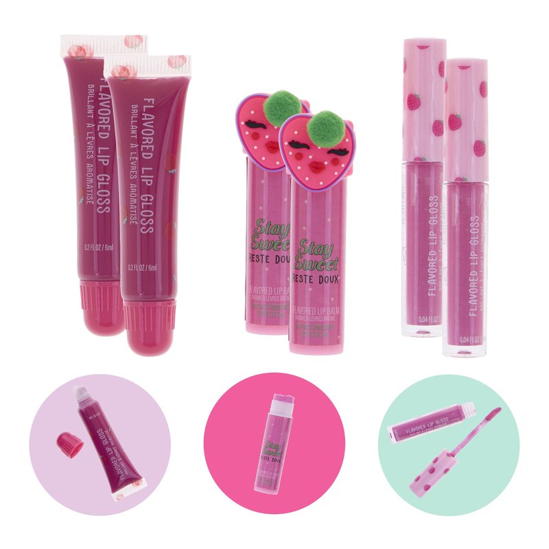 EXPRESSIONS 6pc Strawberry Flavored Lip Gloss & Lip Balm Set – Non-Toxic & Safe for Sensitive Skin | Hydrating & Shiny Lip Kit for Kids & Girls | Birthday Gift – Sweet