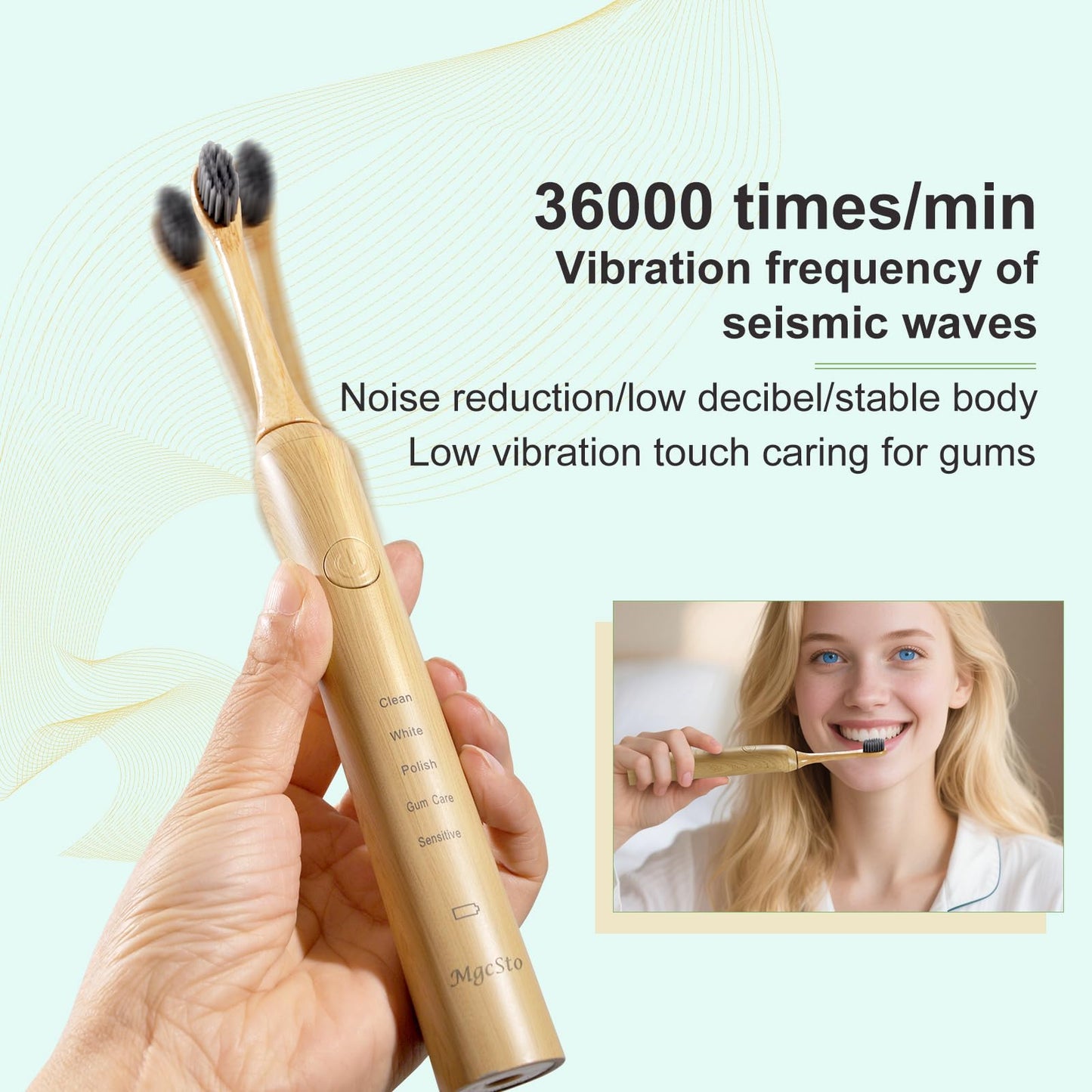 MgcSto Sonic Bamboo Electric Toothbrush for Adults - Rechargeable Electric Toothbrush -4 Pack Bamboo Repalcement Brush Heads| 5 Cleaning Modes Long-Lasting Battery