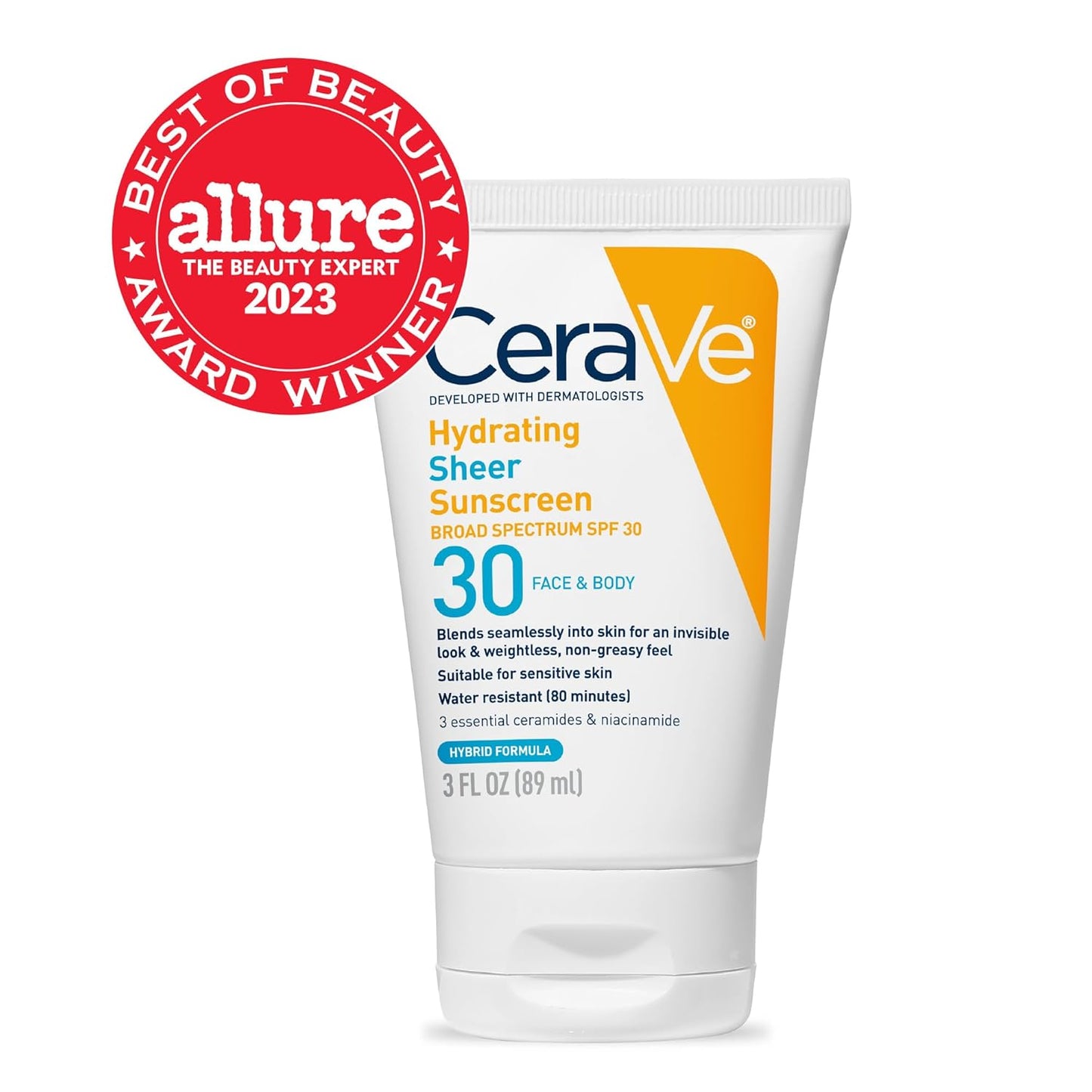 CeraVe Hydrating Sheer Sunscreen SPF 30 - Mineral & Chemical Formula with Zinc Oxide | 3 Ounces, Paraben-Free