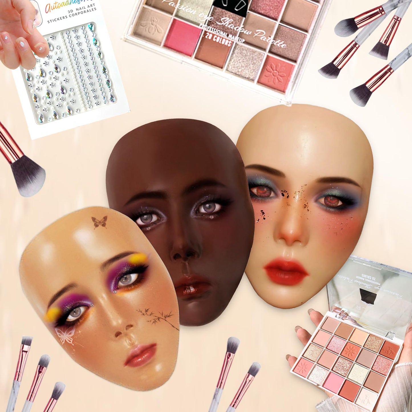 Penugo Makeup Mannequin Face Kit, Silicone Face for Makeup Practice Full Face for Must Haves, Mannequin Eye Face for Makeup Practice with Makeup Brushes Set & Eye Shadow & Eyebrow Pencil(Wheat)