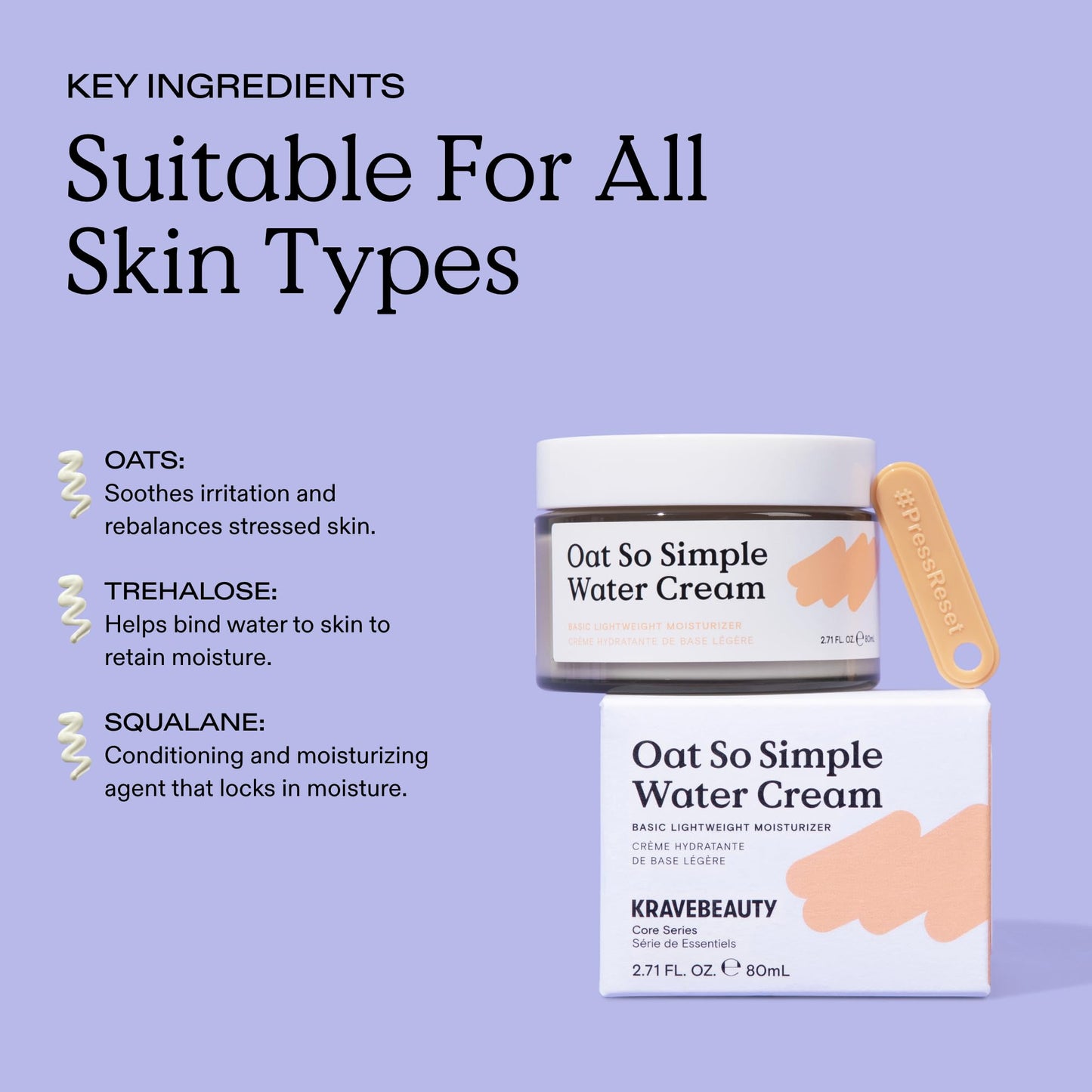 KraveBeauty Oat So Simple Water Cream Moisturizer, Calming, Lightweight Hydrating Gel Face Cream for Sensitive Skin with Oat Extract & Squalane, Fragrance Free, 80 mL
