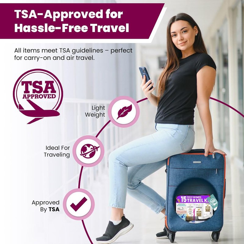TrekTote Travel Essentials Kit for Women - 15-Piece TSA Compliant Toiletry Set | Includes Shampoo, Conditioner & More