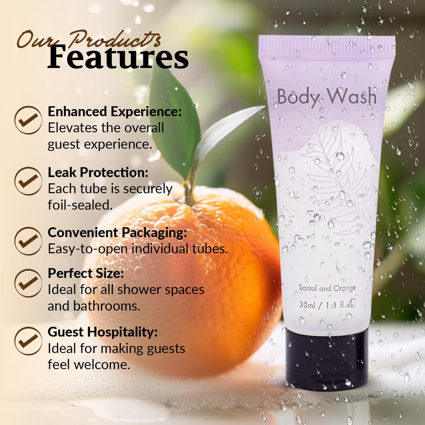 NISGUR Leak-Proof Travel Size Body Wash 1 Oz Each Pack of 100 Bulk Pack Hotel Body Wash Santal and Orange Scent Amenities and Toiletries for Hospitality
