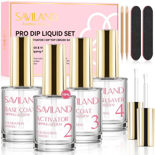 SAVILAND Dip Powder Liquid Set 15 ml/0.5 oz,10 Pcs Nail Dip Liquid Set with HEMA-free Base/Top Coat, Activator Brush Saver Acrylic Gel Nail File No Curing Needed DIY Home Salon Quality