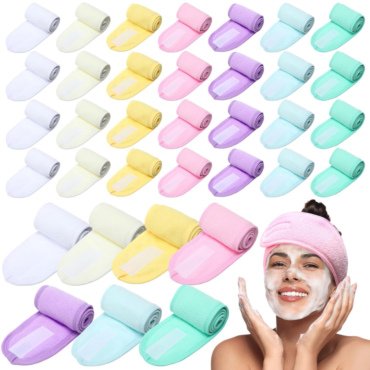 Wavyknot 35 Pack Spa Facial Headband for Women Adjustable Face Wash Makeup Stretch Flannel Headband Bulk with Tape for Women Hair Wrap Towel Skincare Facial Mask Bath and Sport, Macaron Color