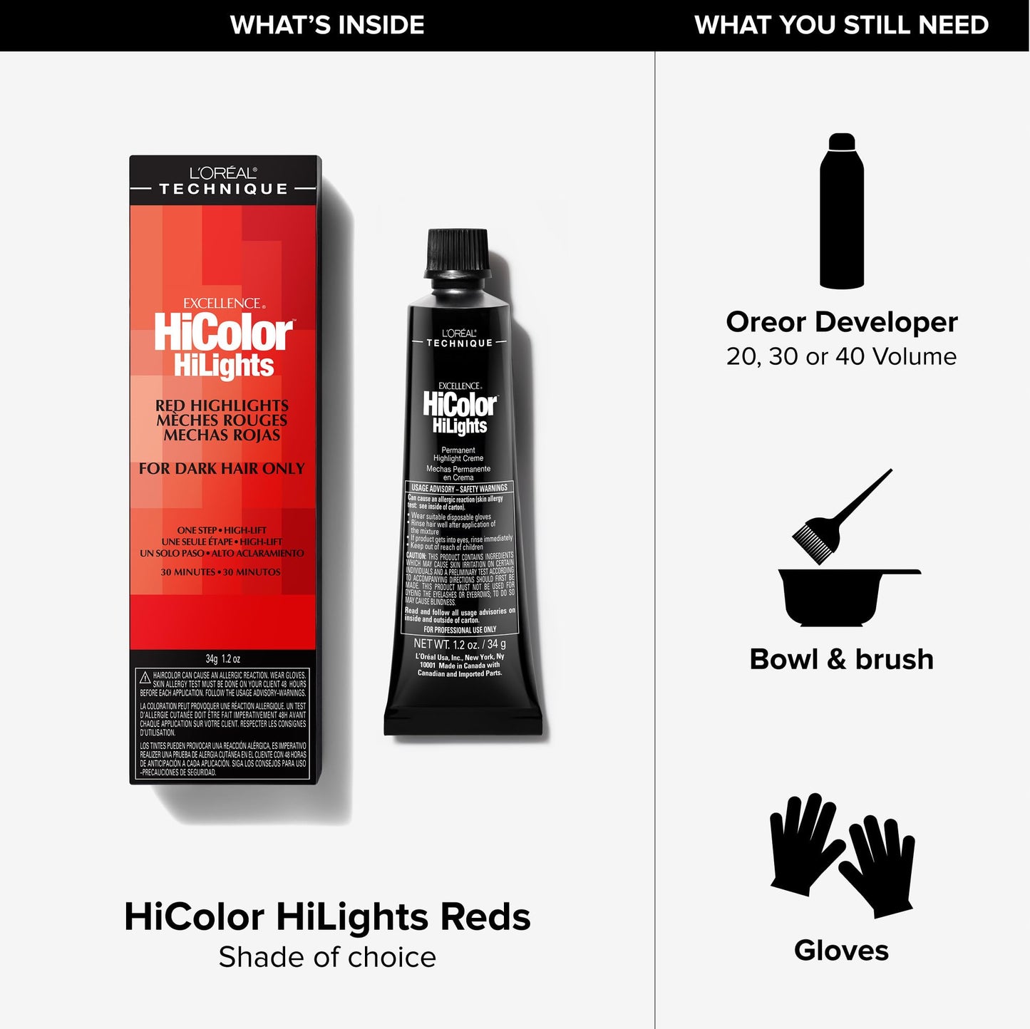 L'Oréal Technique HiColor Red HiLights - Permanent Hair Color for Dark Hair, Intense Red Highlights, No Pre-Lightening Required, Rich, No-Drip Crème, Quick Processing Time, Magenta