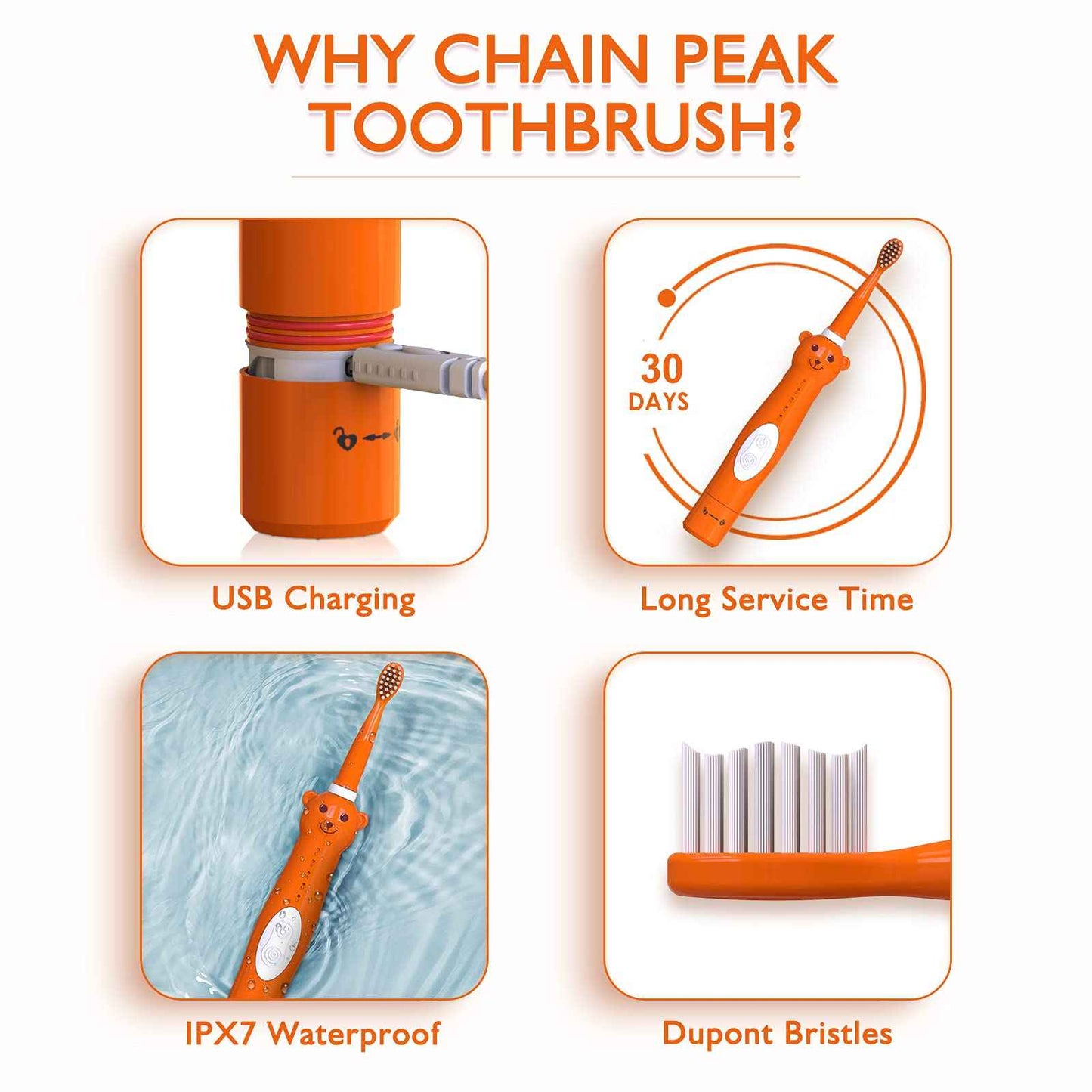 Kids Sonic Electric Toothbrush, Rechargeable Smart Toothbrush for Children Toothbrush for Toddlers Age 3-12 with 30s Reminder, 2 Mins Timer, 6 Modes, 2 Brush Heads (8660 Orange+ 6 Heads+ Holder)