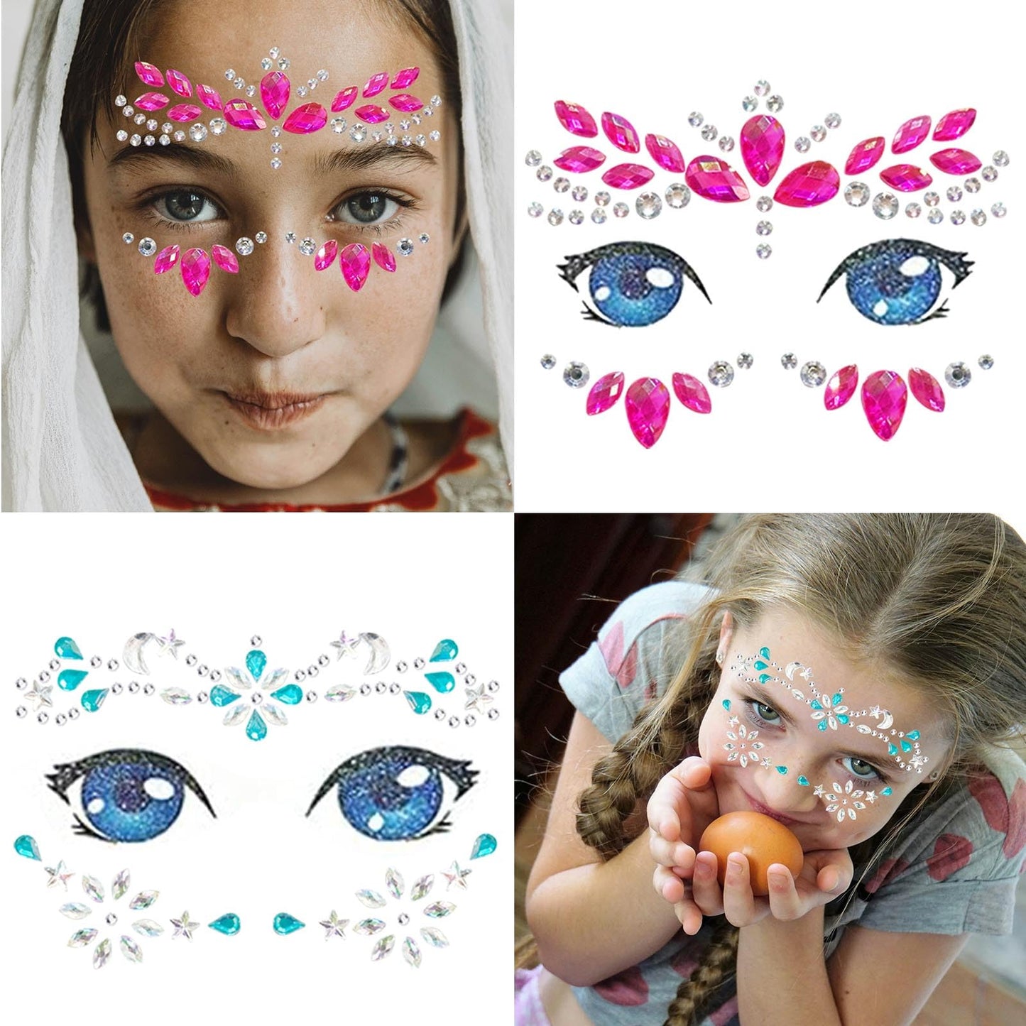 Kids Festival Face Jewels Gems – 4 Pack Sparkly Face Stickers & Crystal Temporary Tattoos – Fun Rhinestone Makeup for Girls for Halloween, Birthday, Christmas & Dress-Up Play
