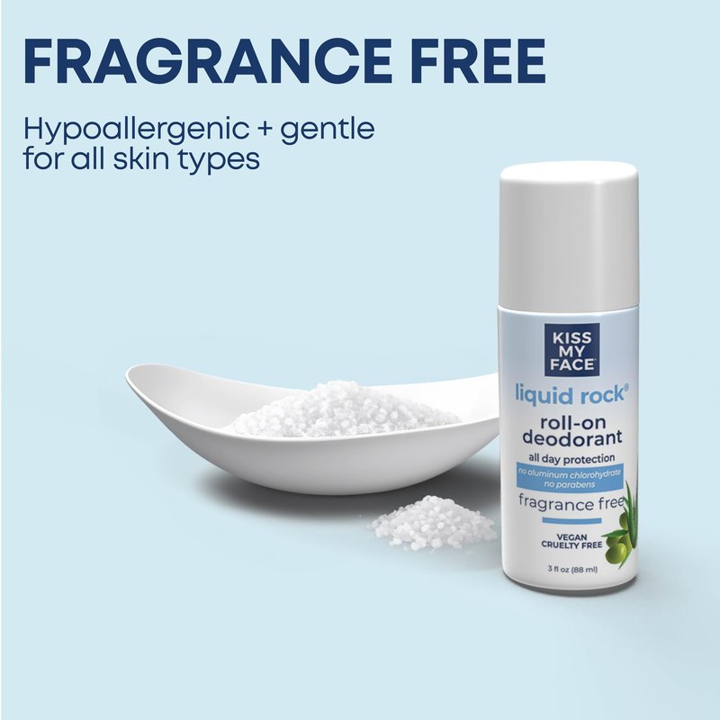 Kiss My Face Liquid Rock Roll-On Deodorant, All Day Protection, Vegan and Cruelty Free, Fragrance Free, 3 Fl Oz, Pack of 3