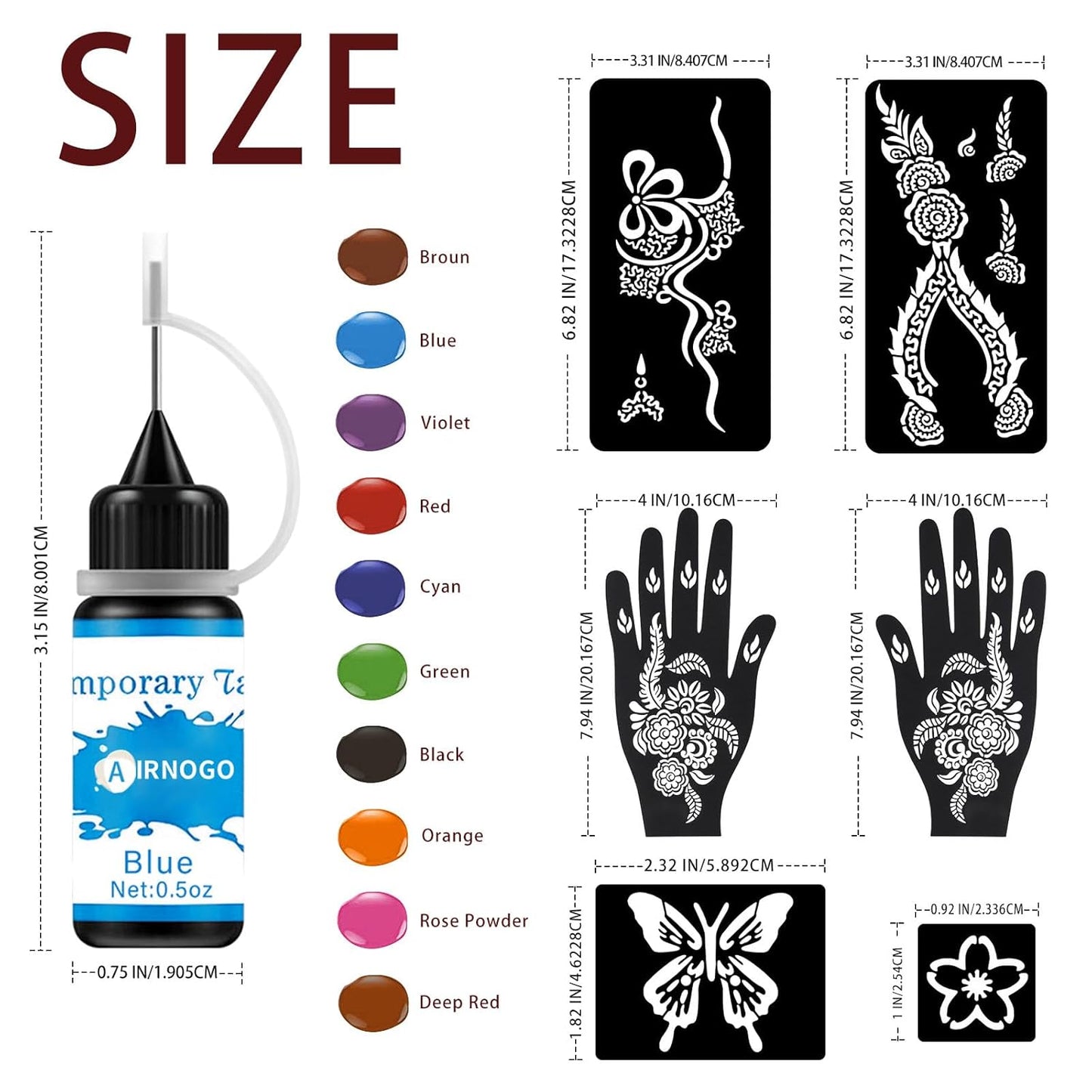 Temporary Tattoo Kit - 10 Color Ink Bottles, 8 Gloves & 86 Fun Stencils | Body Art for Kids & Adults